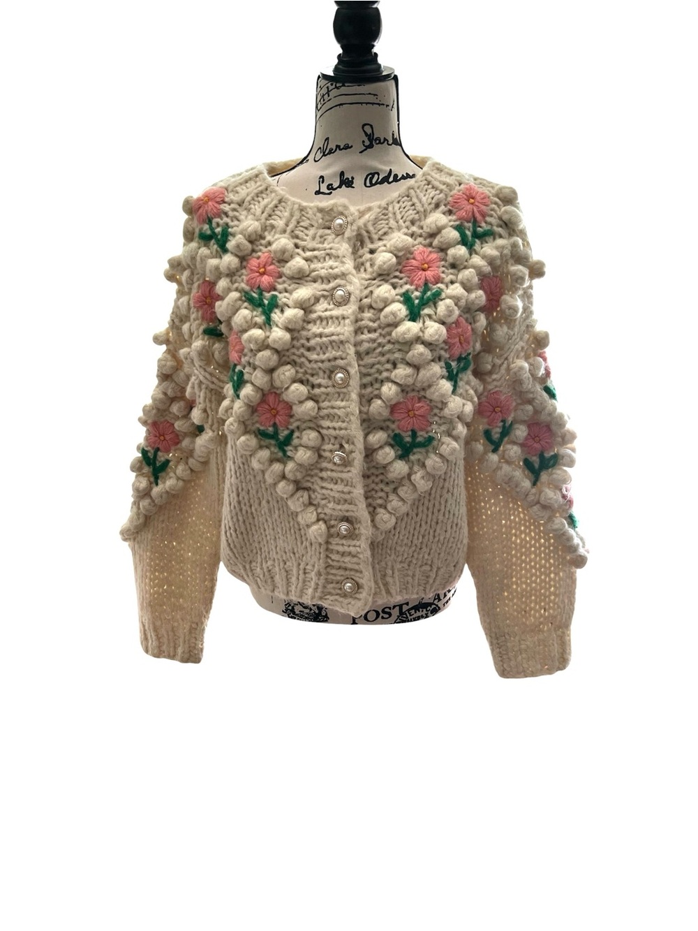 Vita Grace Chunky Floral Knit Cardigan Pearl Button Pom Pom Excellent Condition